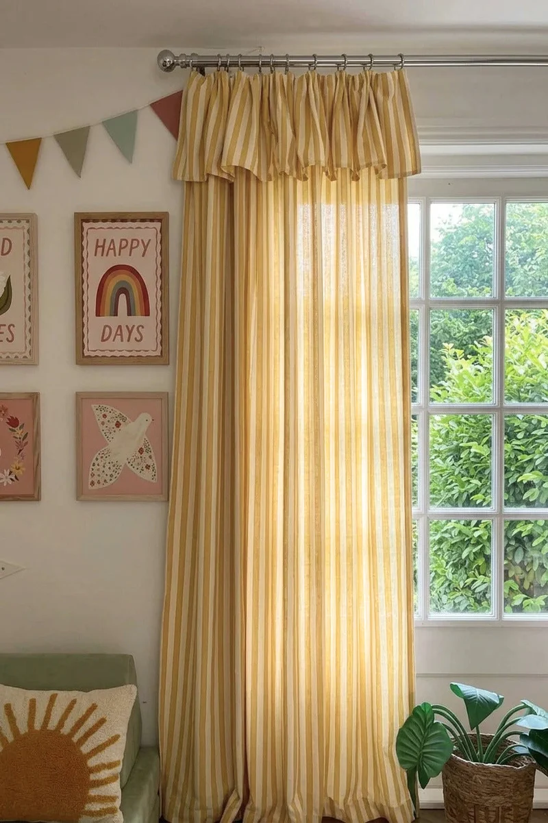 Playroom Curtains: Custom Butter Yellow Striped Linen Drapery for Kids Room, 100% Linen