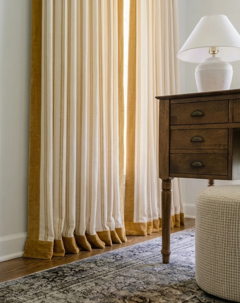 Modern Minimalist Bauhaus Stripe Drapes, Velvet-Trimmed Office Curtains