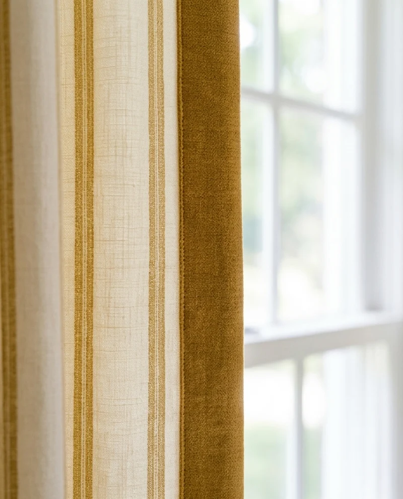Modern Minimalist Bauhaus Stripe Drapes, Velvet-Trimmed Office Curtains