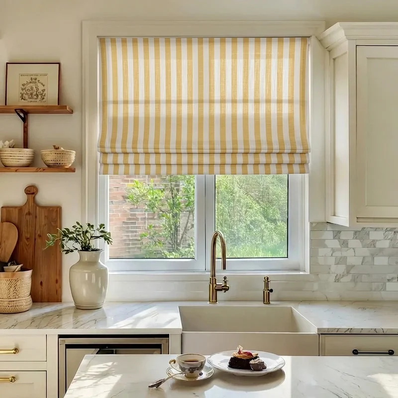 Butter Yellow Window Shades - Striped Roman Blinds