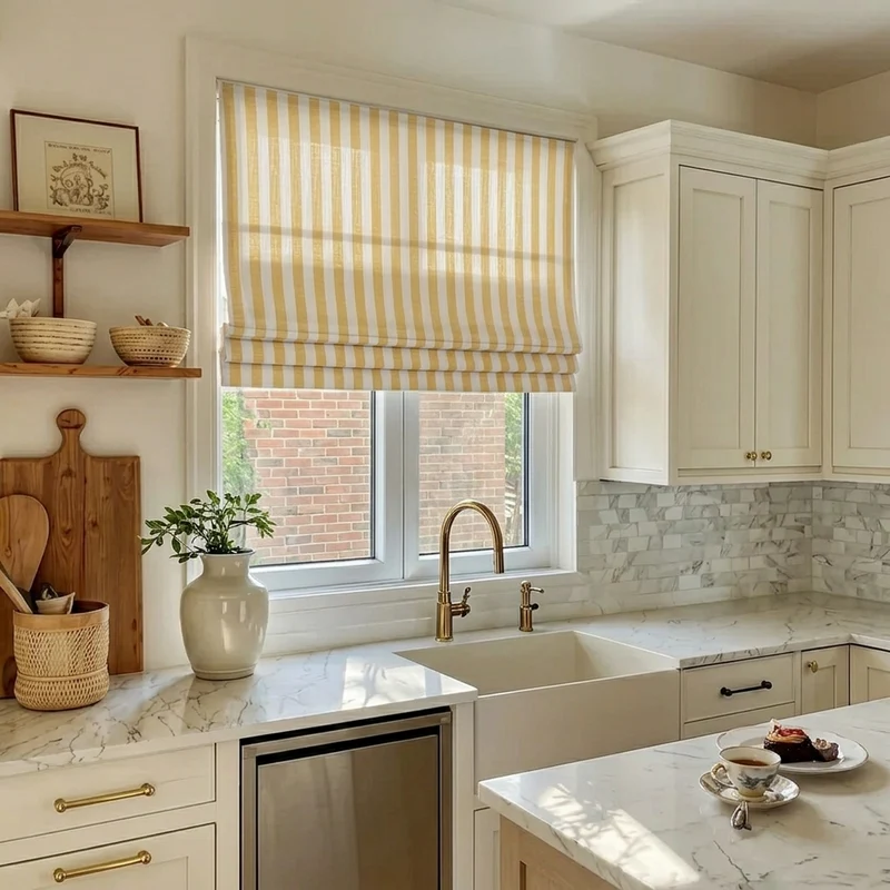 Butter Yellow Window Shades - Striped Roman Blinds