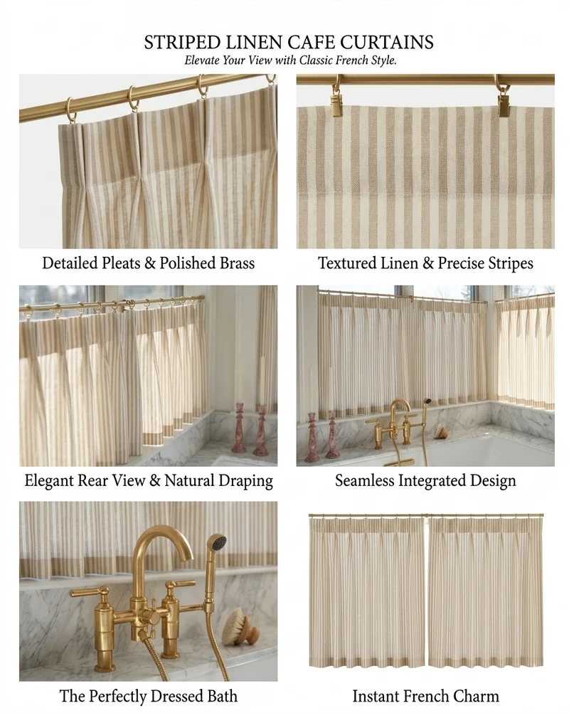 Classic Striped Linen Cafe Curtains Kitchen Window Curtains, French Country Style