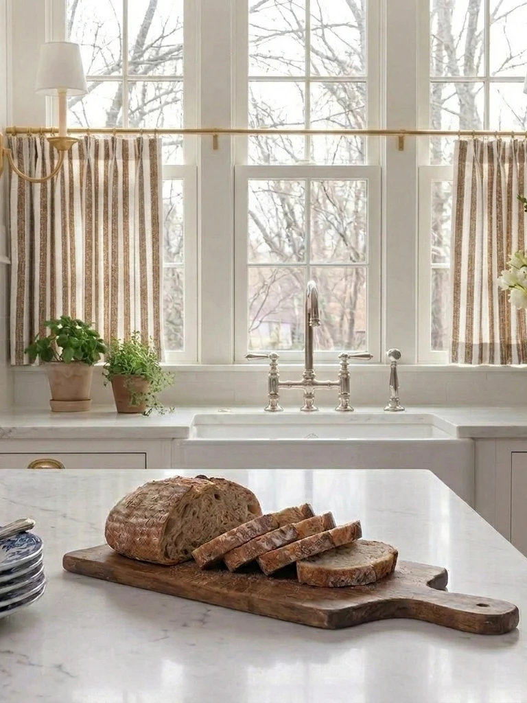 Classic Striped Linen Cafe Curtains Kitchen Window Curtains, French Country Style