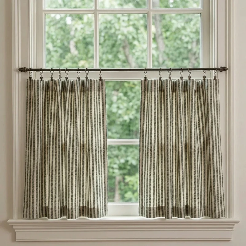 Classic Striped Linen Cafe Curtains Kitchen Window Curtains, French Country Style