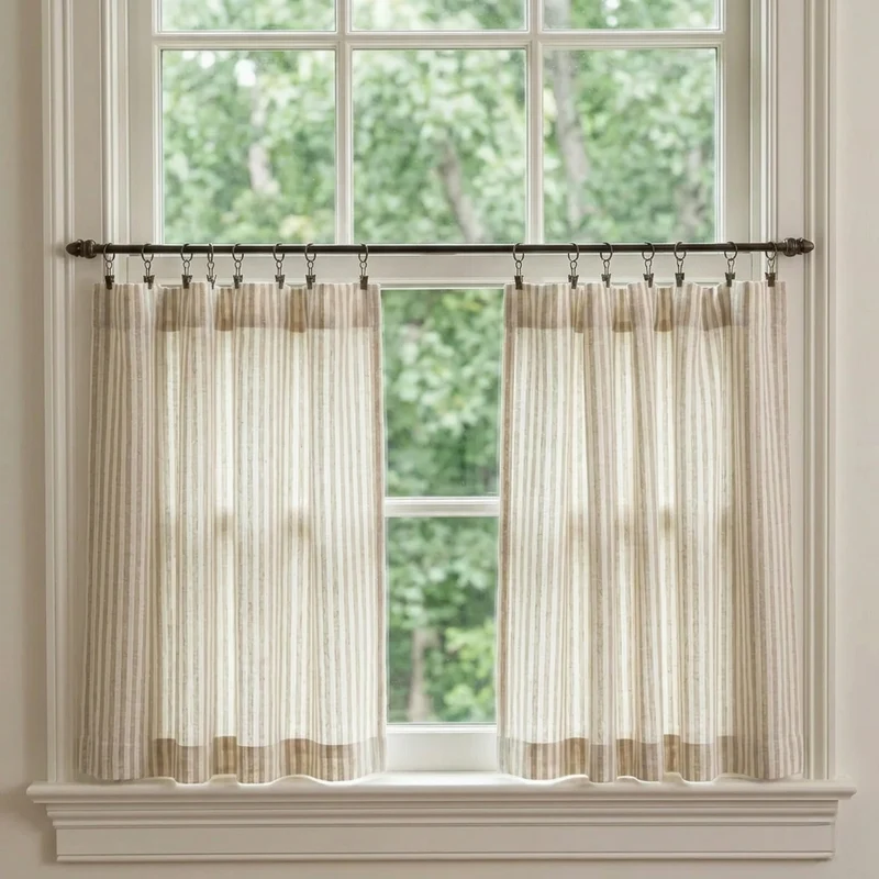 Classic Striped Linen Cafe Curtains Kitchen Window Curtains, French Country Style