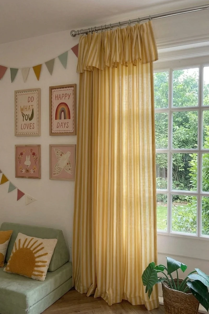 Playroom Curtains: Custom Butter Yellow Striped Linen Drapery for Kids Room, 100% Linen
