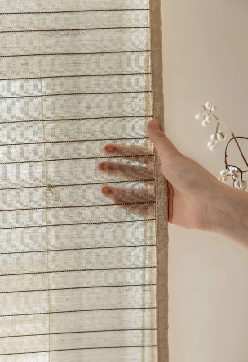 Natural Linen Custom Bamboo Shades Woven Blinds - Black Stripes