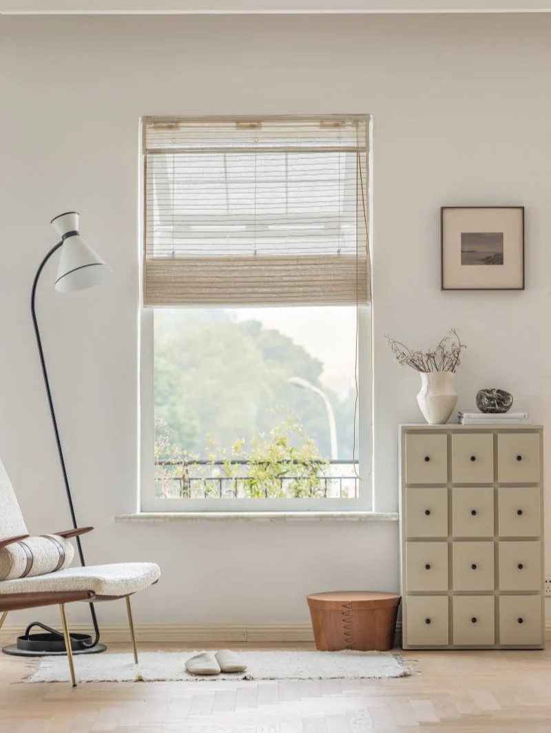 Natural Linen Custom Bamboo Shades Woven Blinds - Black Stripes