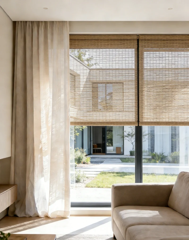 Natural Jute Woven Roman Shades – Cinnamon | Custom Bamboo Shades for Living Room & Bedroom