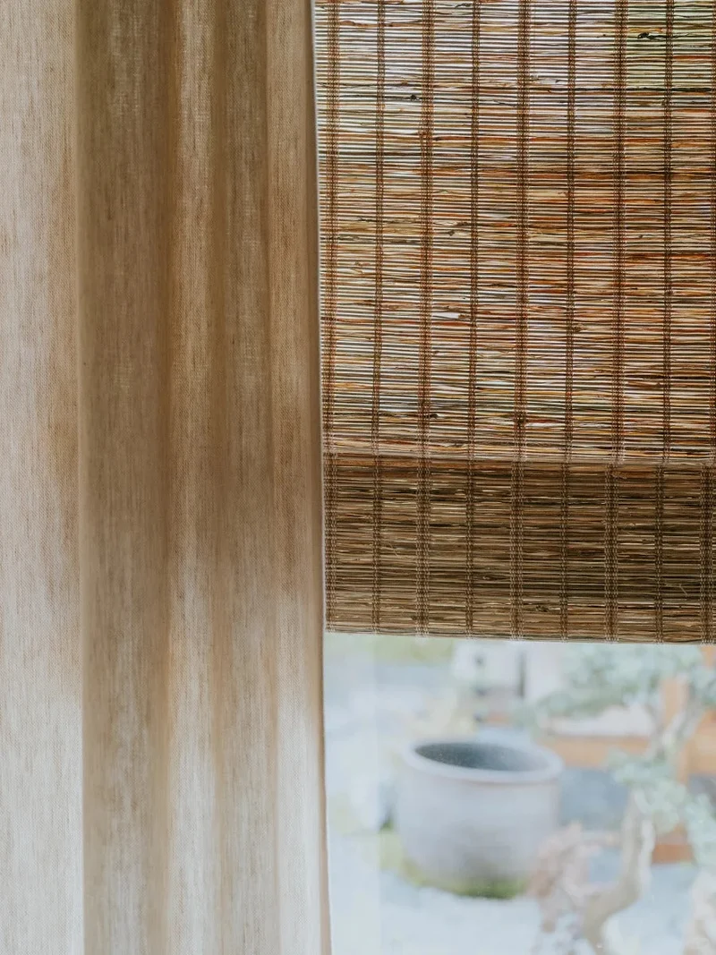 Natural Jute Woven Roman Shades – Cinnamon | Custom Bamboo Shades for Living Room & Bedroom