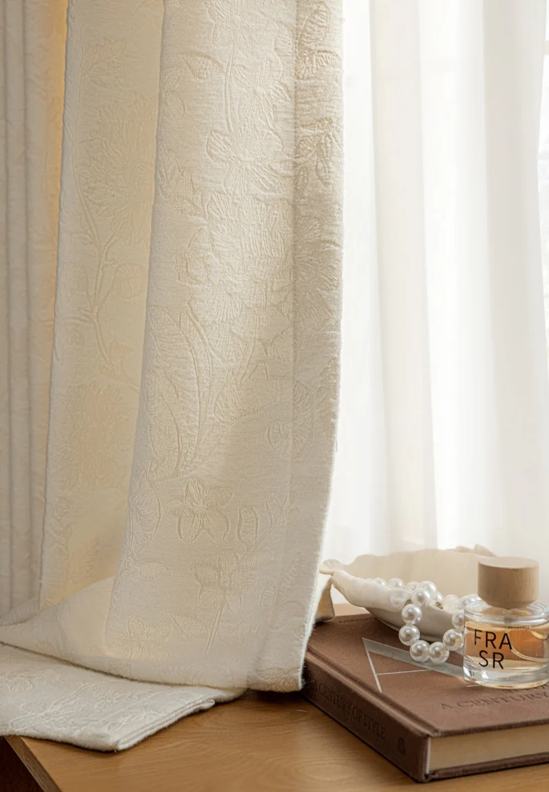 French Embossed Floral White Blackout Curtains for Living Room