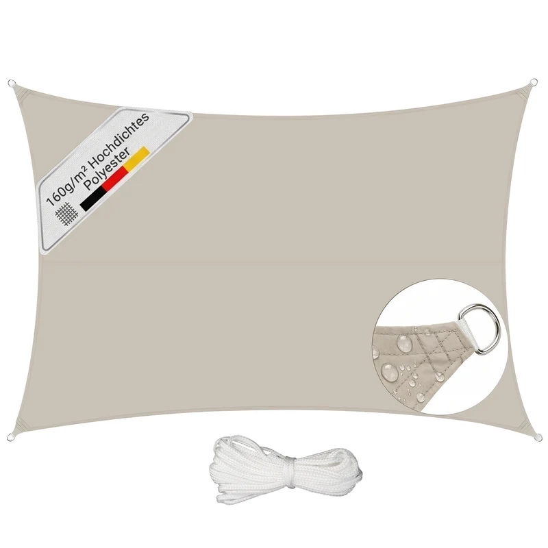 Sunula Sonnensegel wasserdicht Rechteckig – PES 160g/m² mit heißversiegelter Naht, UV-Schutz 95% UPF50+, reißfest & wetterfest mit Edelstahl-D-Ringen für Balkon, Terrasse & Garten (Taupe)