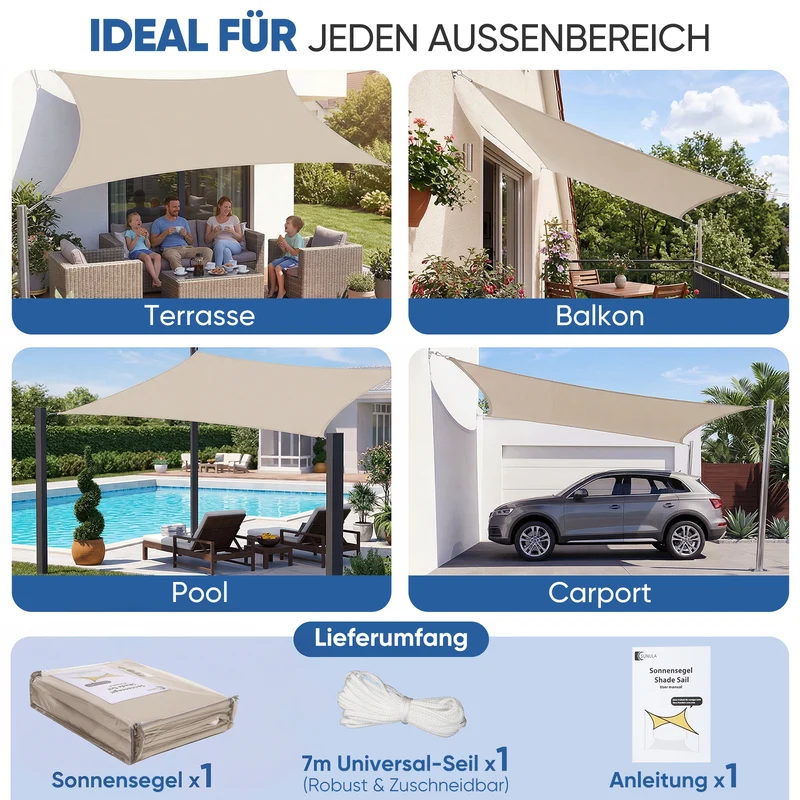 Sunula Sonnensegel wasserdicht ohne Mittelnaht – PES 160g/m², UV-Schutz 95% UPF50+, reißfest & wetterfest mit Lotus-Effekt, Rechteckig für Balkon, Terrasse & Garten (Taupe)