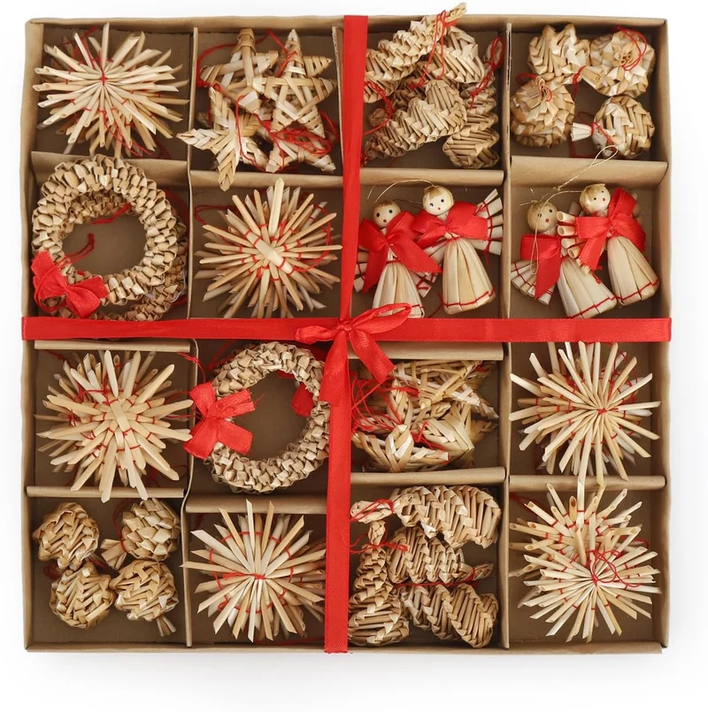 Salcar 56-teiliges Weihnachtsbaumschmuck aus Stroh – Handgefertigtes Strohsterne Set, natürliche Christbaum Anhänger aus 100 % Stroh für nachhaltige Weihnachtsdekoration