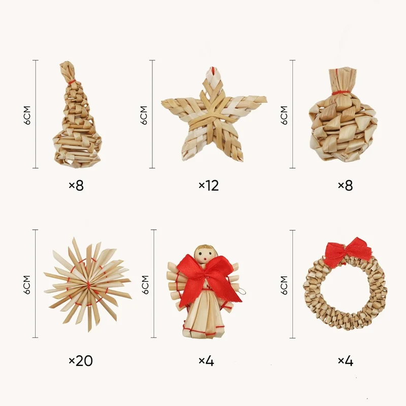 Salcar 56-teiliges Weihnachtsbaumschmuck aus Stroh – Handgefertigtes Strohsterne Set, natürliche Christbaum Anhänger aus 100 % Stroh für nachhaltige Weihnachtsdekoration