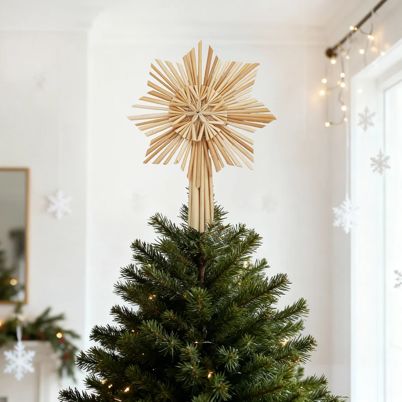 Salcar Christbaumstern aus Stroh, 24,5 cm Schneeflocke – Handgefertigter Baumspitzenstern, Natürlicher Strohstern als Weihnachtsdekoration mit skandinavischem Flair
