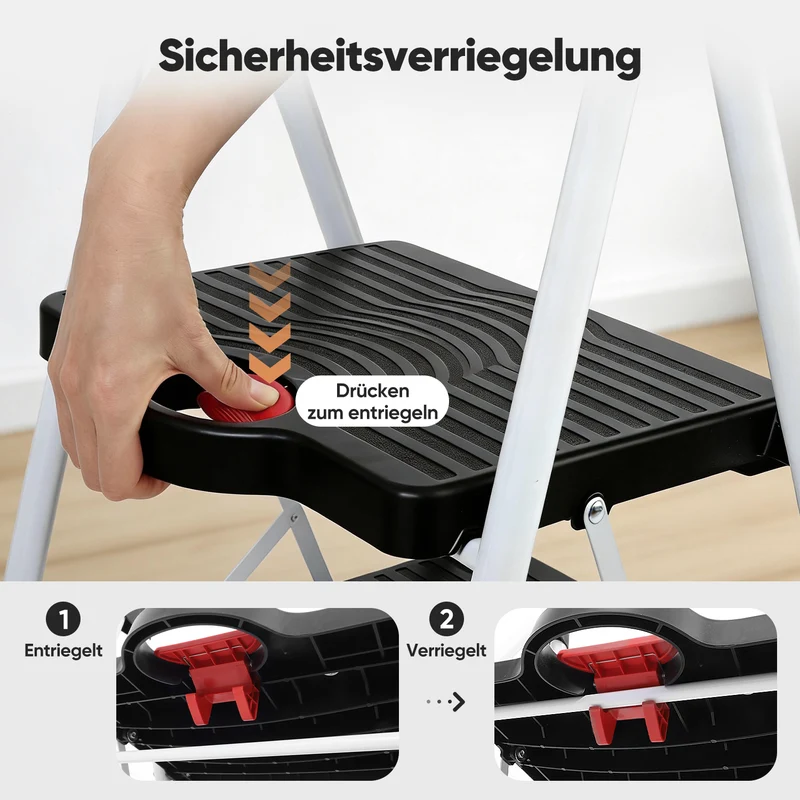 Sekey Klappbare Trittleiter 2 oder 3 Stufen – Haushaltsleiter aus Stahl mit breiten rutschfesten Kunststoffstufen, SGS EN131-2 & EN14183 geprüft, bis 150 kg belastbar