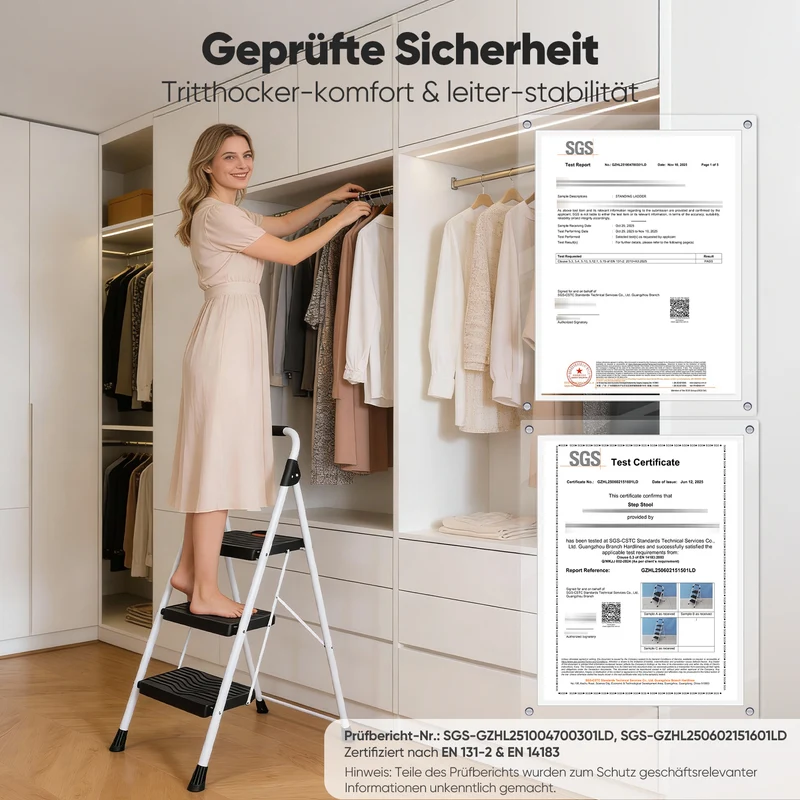 Sekey Klappbare Trittleiter 2 oder 3 Stufen – Haushaltsleiter aus Stahl mit breiten rutschfesten Kunststoffstufen, SGS EN131-2 & EN14183 geprüft, bis 150 kg belastbar