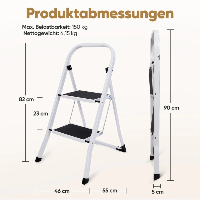 Sekey Klappbare Trittleiter 2 oder 3 Stufen – Stabile Stahlleiter, rutschfeste Stufen, platzsparend faltbar, SGS EN14183 geprüft, bis 150 kg belastbar