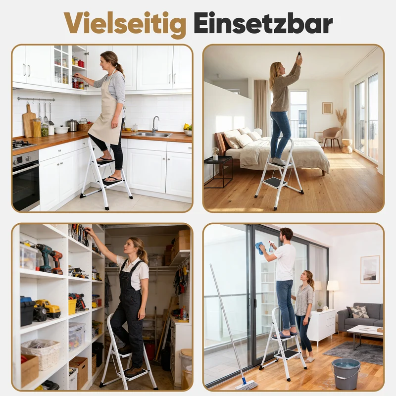 Sekey Klappbare Trittleiter 2 oder 3 Stufen – Stabile Stahlleiter, rutschfeste Stufen, platzsparend faltbar, SGS EN14183 geprüft, bis 150 kg belastbar