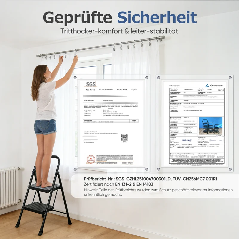 Sekey Klappbare Trittleiter 2/3/4 Stufen – Stahlrahmen, rutschfeste Trittflächen, TÜV & SGS geprüft, bis 150 kg belastbar, Schwarz