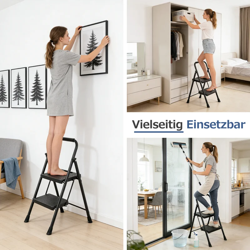 Sekey Klappbare Trittleiter 2/3/4 Stufen – Stahlrahmen, rutschfeste Trittflächen, TÜV & SGS geprüft, bis 150 kg belastbar, Schwarz