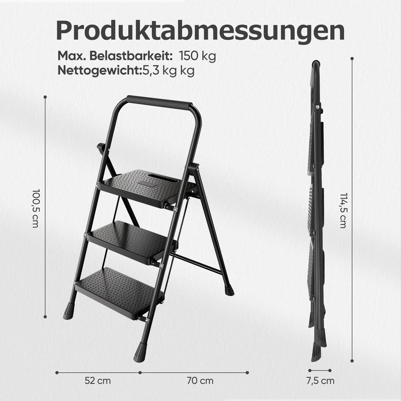 Sekey Klappbare Trittleiter 2/3/4 Stufen – Stahlrahmen, rutschfeste Trittflächen, TÜV & SGS geprüft, bis 150 kg belastbar, Schwarz