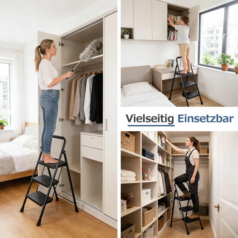 Sekey Klappbare Trittleiter 2/3/4 Stufen – Stahlrahmen, rutschfeste Trittflächen, TÜV & SGS geprüft, bis 150 kg belastbar, Schwarz