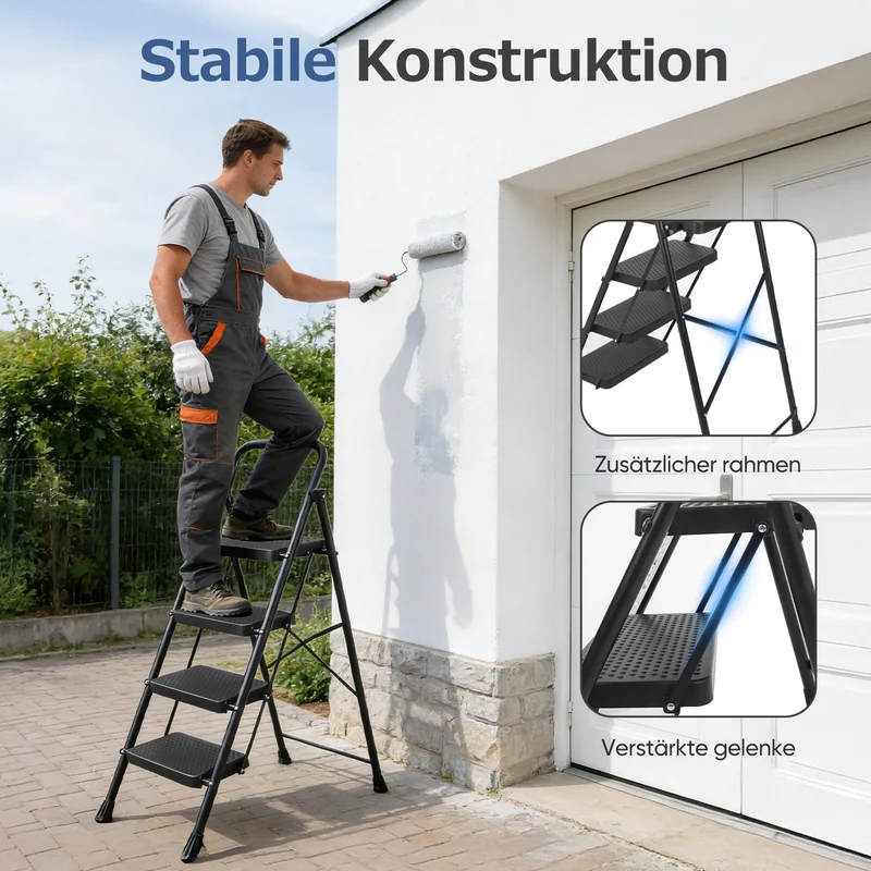 Sekey Klappbare Trittleiter 2/3/4 Stufen – Stahlrahmen, rutschfeste Trittflächen, TÜV & SGS geprüft, bis 150 kg belastbar, Schwarz