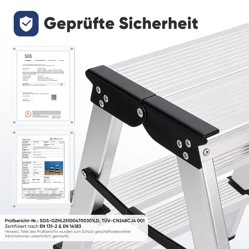 Sekey Trittleiter 3 Stufen aus Aluminium – Beidseitig Begehbar, Rutschfest, TÜV & SGS geprüft, bis 150 kg belastba