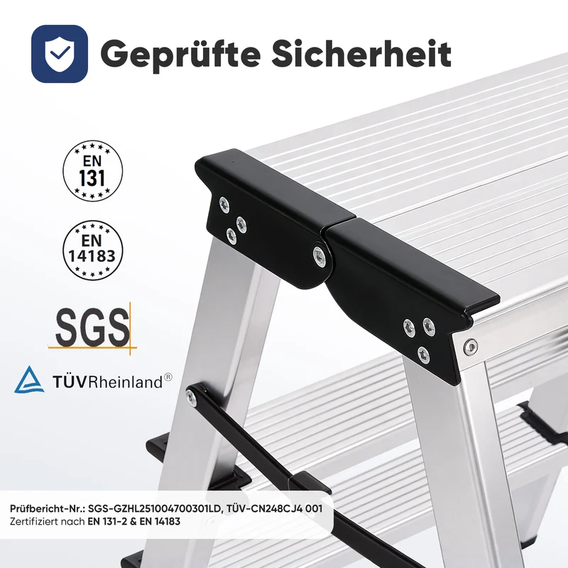 Sekey Trittleiter 3 Stufen aus Aluminium – Beidseitig Begehbar, Rutschfest, TÜV & SGS geprüft, bis 150 kg belastba