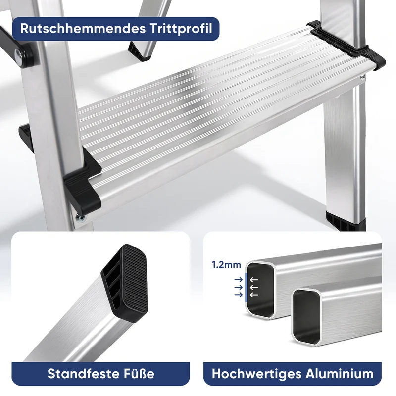 Sekey Aluminium Klappleiter 2 Stufen – Beidseitig Begehbar, Rutschfest, TÜV & SGS geprüft, bis 150 kg belastbar