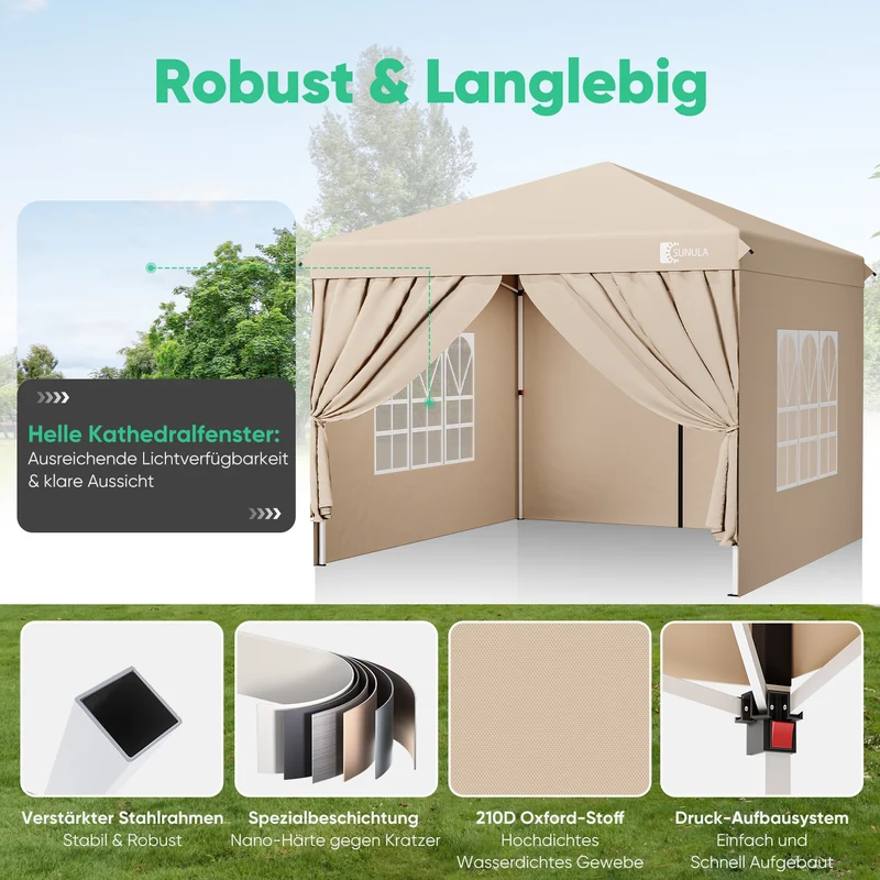 Sunula Faltpavillon 3×3 m – Wasserdicht, Stabil & Winterfest, Pavillon mit 4 Seitenwänden, Höhenverstellbar 250–260 cm