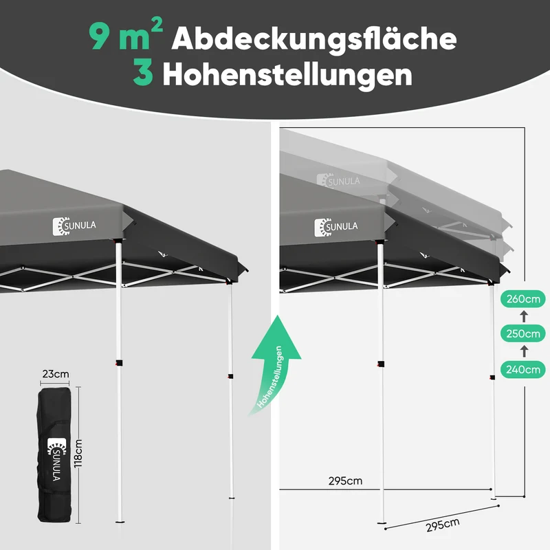 Sunula Faltpavillon 3×3 m – Wasserdicht, Stabil & Winterfest, Pavillon mit 4 Seitenwänden, Höhenverstellbar 250–260 cm