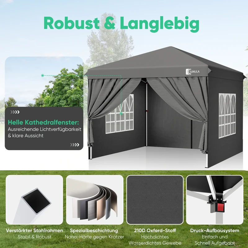Sunula Faltpavillon 3×3 m – Wasserdicht, Stabil & Winterfest, Pavillon mit 4 Seitenwänden, Höhenverstellbar 250–260 cm
