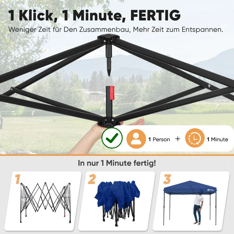 Sekey Premium Pop-Up Pavillon 3×3 m – Wasserdicht & Stabil, Faltpavillon mit Seitenwänden, Höhenverstellbar 250–270 cm