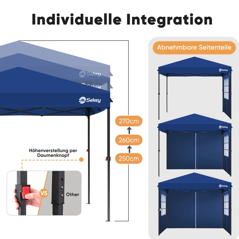 Sekey Premium Pop-Up Pavillon 3×3 m – Wasserdicht & Stabil, Faltpavillon mit Seitenwänden, Höhenverstellbar 250–270 cm