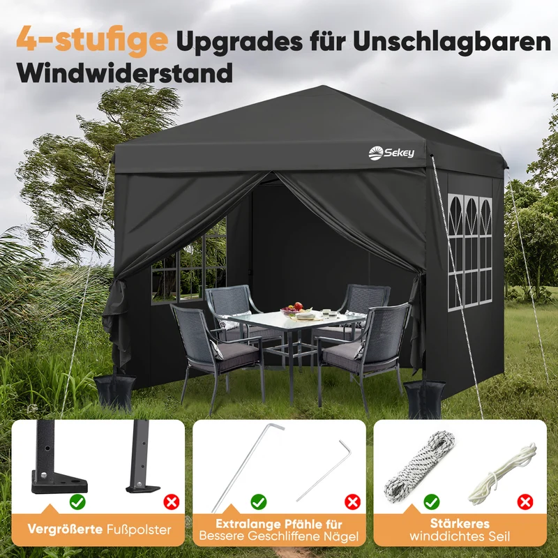 Sekey Premium Pop-Up Pavillon 3×3 m – Wasserdicht & Stabil, Faltpavillon mit Seitenwänden, Höhenverstellbar 250–270 cm