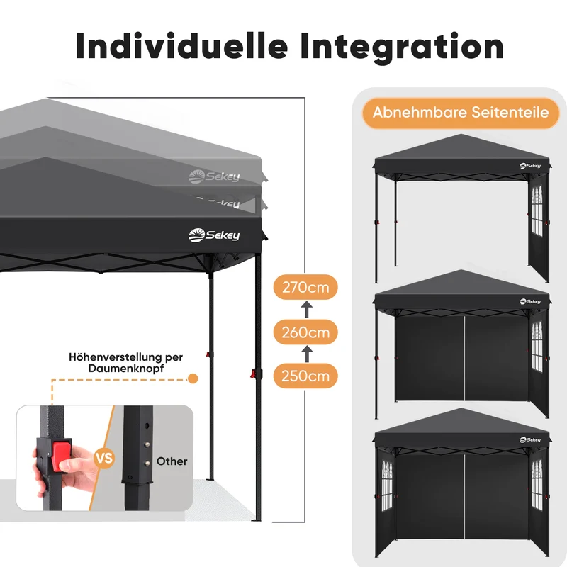 Sekey Premium Pop-Up Pavillon 3×3 m – Wasserdicht & Stabil, Faltpavillon mit Seitenwänden, Höhenverstellbar 250–270 cm