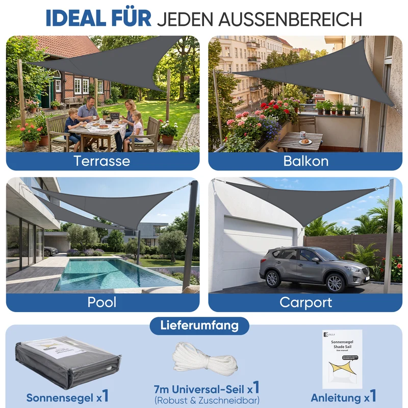 Sunula Sonnensegel 3x3x3m wasserdicht Dreieckig – PES 160g/m² mit heißversiegelter Naht, UV-Schutz 95% UPF50+, reißfest & wetterfest mit Edelstahl-D-Ringen für Balkon, Terrasse & Garten (Anthrazit)