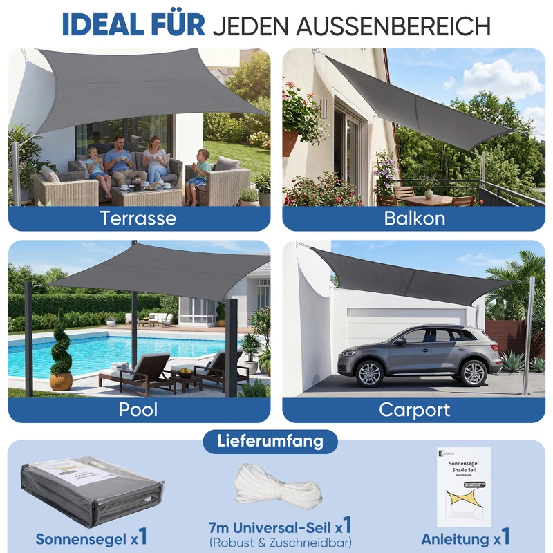 Sunula Sonnensegel wasserdicht Rechteckig – PES 160g/m² mit heißversiegelter Naht, UV-Schutz 95% UPF50+, reißfest & wetterfest mit Edelstahl-D-Ringen für Balkon, Terrasse & Garten (Anthrazit)