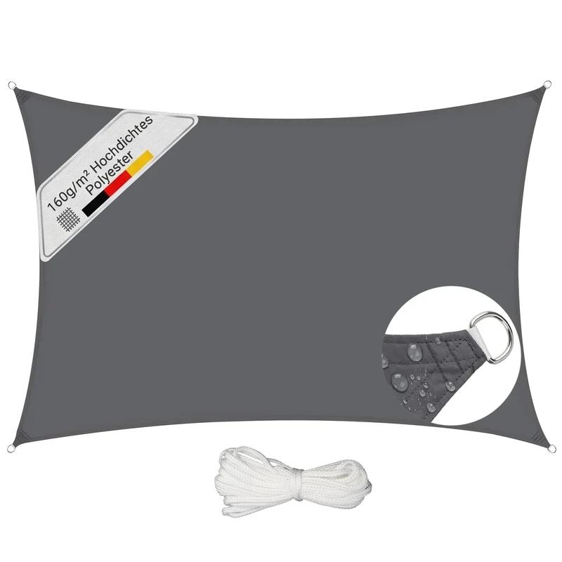 Sunula Sonnensegel 2x3m wasserdicht ohne Mittelnaht – PES 160g/m², UV-Schutz 95% UPF50+, reißfest & wetterfest mit Lotus-Effekt, Rechteckig für Balkon, Terrasse & Garten (Anthrazit)