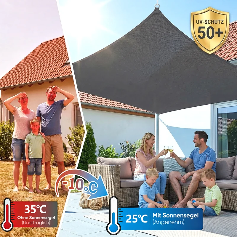 Sunula Sonnensegel 2x3m wasserdicht ohne Mittelnaht – PES 160g/m², UV-Schutz 95% UPF50+, reißfest & wetterfest mit Lotus-Effekt, Rechteckig für Balkon, Terrasse & Garten (Anthrazit)