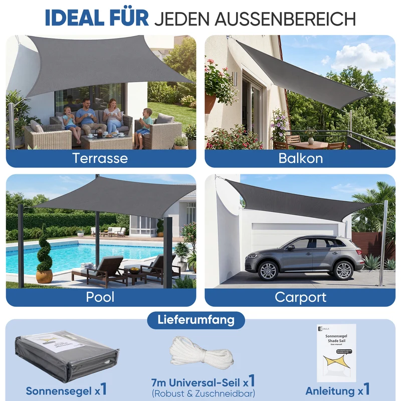 Sunula Sonnensegel 2x3m wasserdicht ohne Mittelnaht – PES 160g/m², UV-Schutz 95% UPF50+, reißfest & wetterfest mit Lotus-Effekt, Rechteckig für Balkon, Terrasse & Garten (Anthrazit)
