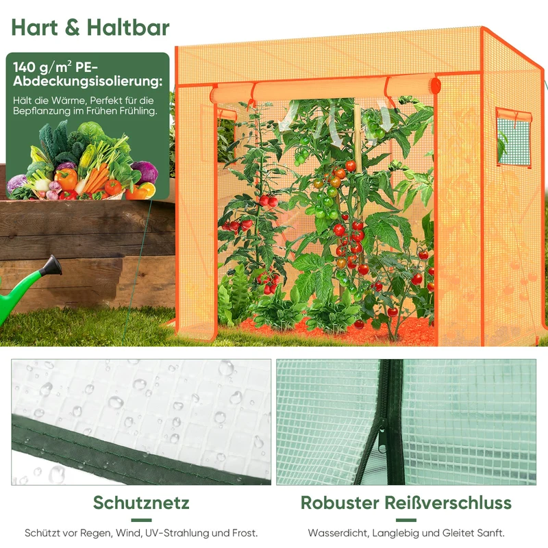 Sekey Tomatengewächshaus 200 x 170 x 77 cmBegehbares Folien-Gewächshaus für Balkon & Garten, stabil, winterfest & UV-beständig, Grün