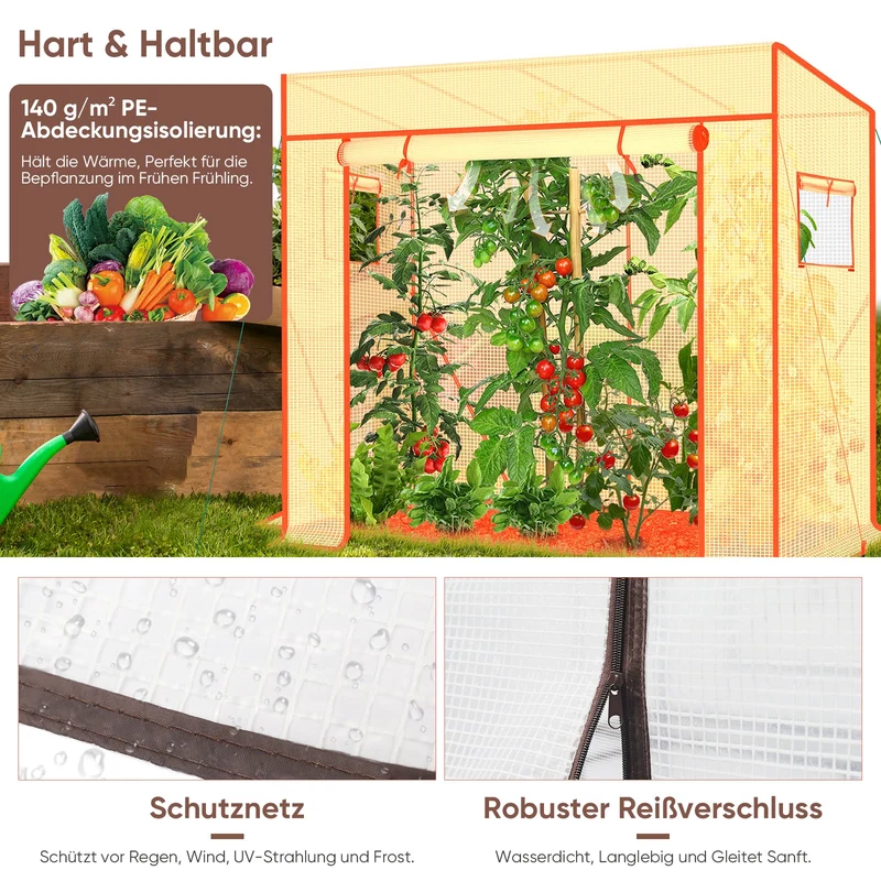 Sekey Tomatengewächshaus Tamara XL Folien-Gewächszelt mit aufrollbarer Tür, stabiler Rahmen 200 x 77 x 146/170 cm