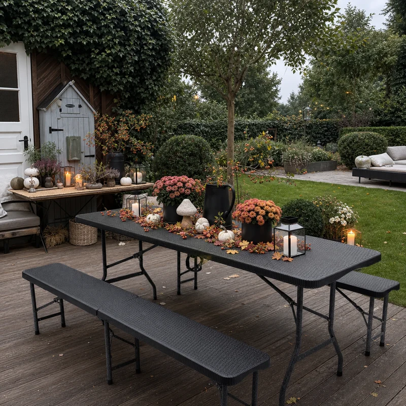 Sekey Klappbare Bierzeltgarnitur 180 cm im Rattan-Look – Gartenmöbel Set für Terrasse, Balkon & Outdoor-Events