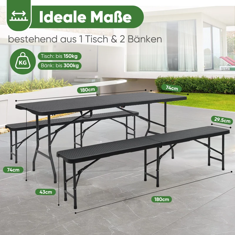 Sekey Klappbare Bierzeltgarnitur 180 cm im Rattan-Look – Gartenmöbel Set für Terrasse, Balkon & Outdoor-Events