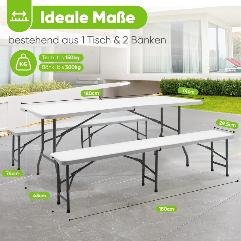 Sekey 3-tlg. Bierzeltgarnitur 180 cm – Klappbares Gartenmöbel-Set mit Tisch & 2 Bänken, Wetterfest & Tragbar für Garten, Balkon & Camping