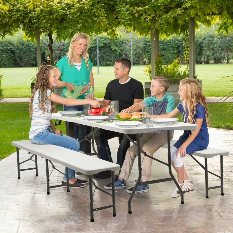 Sekey 3-tlg. Bierzeltgarnitur 180 cm – Klappbares Gartenmöbel-Set mit Tisch & 2 Bänken, Wetterfest & Tragbar für Garten, Balkon & Camping